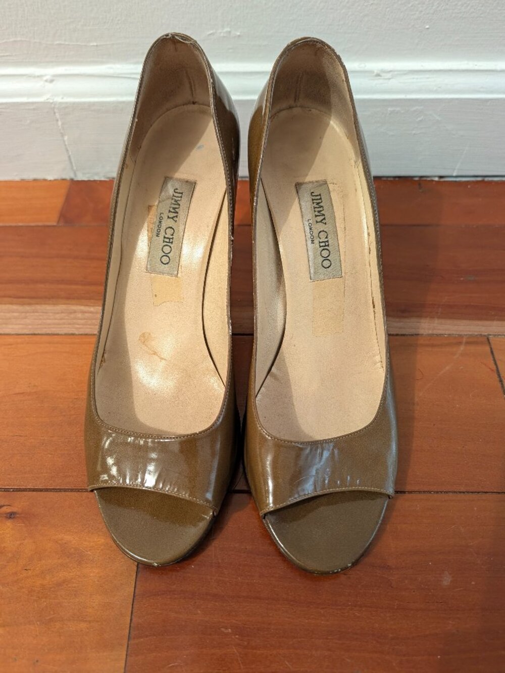 Jimmy Choo Tan Patent Peep-Toe Heels – Size 41